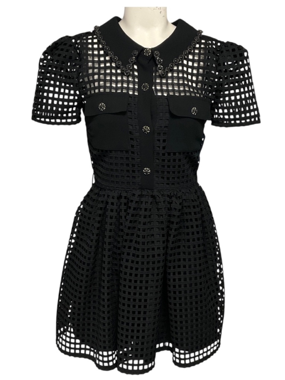 SELF-PORTRAIT BLACK GRID LACE MINI DRESS